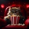 Adorable cat watching 3D movie, munching popcorn in red armchair