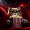 Adorable cat watching 3D movie, munching popcorn in red armchair