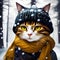 An adorable cat wearing a cozy hat and scarf, surrounded by a snow