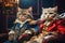 Adorable cats enjoy a relaxed atmosphere in a cozy cafe