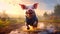 A adorable cheerful pig running in a muddy puddle, embodying carefree happiness Generative AI