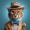 Adorable Cheetah Portrait With Hat And Bow Tie On Blue Background