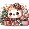 An adorable chibi baby bear with christmas tree and the christmas presents, fashionable, stylish, white background