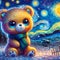 An adorable chibi bear in a painting with snowing day, cosmic colors, starry night of Van Gogh's, fantasy, t-shirt