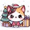An adorable chibi kitten in fashionable style with christmas scene, christmas tree and the gifts, snow flakes, white background