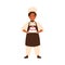 Adorable chief cook child, cute kid in chef uniform. Confectioner boy in cooking apron, toques, with sweet cake pastry