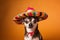 Adorable chihuahua dog wearing colorful Mexican hat over orange background.