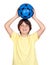 Adorable child with a blue soccer ball