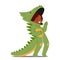 Adorable Child Character Dons Green Dinosaur Costume, Complete With Vibrant Scales And Playful Tail, Cartoon Vector