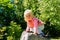 Adorable child climbing stone wall. Christchurch Botanic Garden.