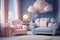 Adorable childrens space with blue white hues, pink armchair, and cozy elements