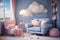 Adorable childrens space with blue white hues, pink armchair, and cozy elements