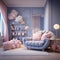 Adorable childrens space with blue white hues, pink armchair, and cozy elements