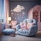 Adorable childrens space with blue white hues, pink armchair, and cozy elements