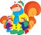 Adorable colored illustration of a mother squirrel and her two children, dressed for winter, perfect for children`s book