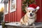 Adorable corgi dog in festive Christmas costume on the snowy porch of a house.