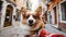 Adorable corgi dog taking selfie in venice canal with stylish summer outfit, travel concept