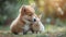 Adorable corgi puppy with baby rabbit in the garden