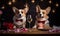 Adorable corgis in bow ties enjoy a Valentine\\\'s date. AI generative