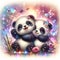 Adorable couple of fluffy panda in dynamic cute pose, with flower, bamboo stick, love scene, dreamy, cartoon, sparkles