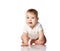 Adorable curious interested little baby infant in white cotton bodysuit crawling creeping forward at camera