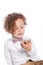 Adorable Curly Young Kid Looking at Mobile Phone
