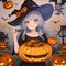 An adorable and cute anime girl with the scary halloween pumpkins in the night scene, anime pastel dream style