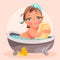 Adorable, cute baby in the bathtub with bubbles hugs the soap bar