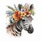 Adorable Cute Baby Zebra, Colorful Boho Flowers, Watercolor, Isolated on White background - Generative AI