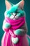 Adorable cute cat character in pink dress with heart.