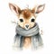 Adorable deer with scarf, at snow, light winter tones, white background