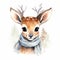 Adorable deer with scarf, at snow, light winter tones, white background