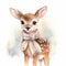 Adorable deer with scarf, at snow, light winter tones, white background