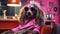 Adorable dog at a pink beauty salon, pampered and styled in luxury