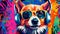 Adorable dog wearing sunglasses and headphones, graffiti, computer art, artwork, art, detailed painting, colorful Generated Image