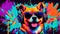 Adorable dog wearing sunglasses and headphones, graffiti, computer art, artwork, art, detailed painting, colorful Generated Image