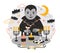 Adorable Dracula or funny vampire standing at table with candles in candlesticks, drinking blood from wineglass and