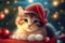 An adorable dreamy kitten in a Santa Hat, generated by AI.