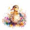 Adorable Duckling in a Colorful Flower Field Watercolor Painting Art Print and Greeting Card