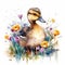 Adorable Duckling in a Colorful Flower Field Watercolor Painting Art Print and Greeting Card