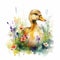 Adorable Duckling in a Colorful Flower Field Watercolor Painting Art Print and Greeting Card Design