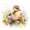 Adorable Duckling in a Colorful Flower Field Watercolor Painting Art Print and Greeting Card Design