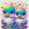 Adorable ducklings with multicolored bubbles. AI generative
