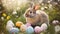 Adorable Easter Bunny With Colored Eggs And Funny Ears