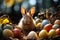 Adorable easter bunny with colorful eggs and beautiful spring flowers outdoor