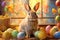 Adorable Easter Bunny with Colorful Eggs and Copy Space for Personalized Greetings.