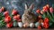 Adorable Easter bunny, eggs tulips: Seasonal centerpiece.