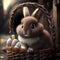 Adorable Easter bunny holding basket full with chocolate eggs for holiday hunt