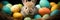 Adorable Easter bunny peeking out from a nest of colorful speckled eggs symbolizing springtime festivity