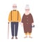 Adorable elderly married couple. Old man and woman dressed in elegant clothing standing together. Funny cartoon